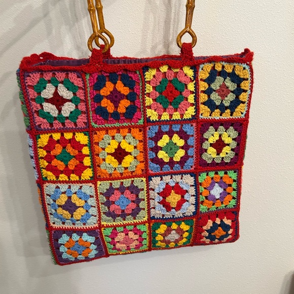 Granny Square Crochet Purse Tote Bag with Bamboo Handles - Picture 8 of 12